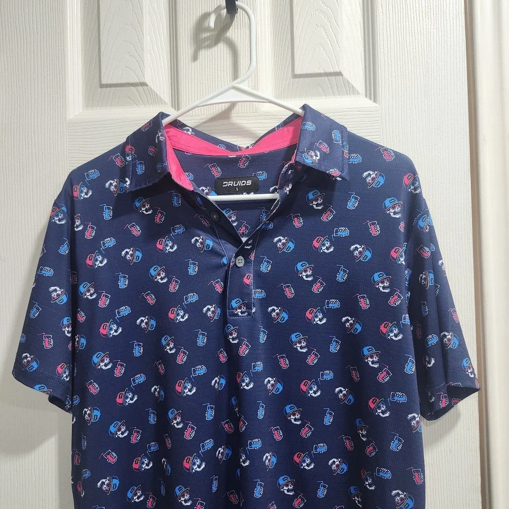 Druids Golf Polo‎ Shirt Men's S Navy Skull Print Performance Moisture Wicking